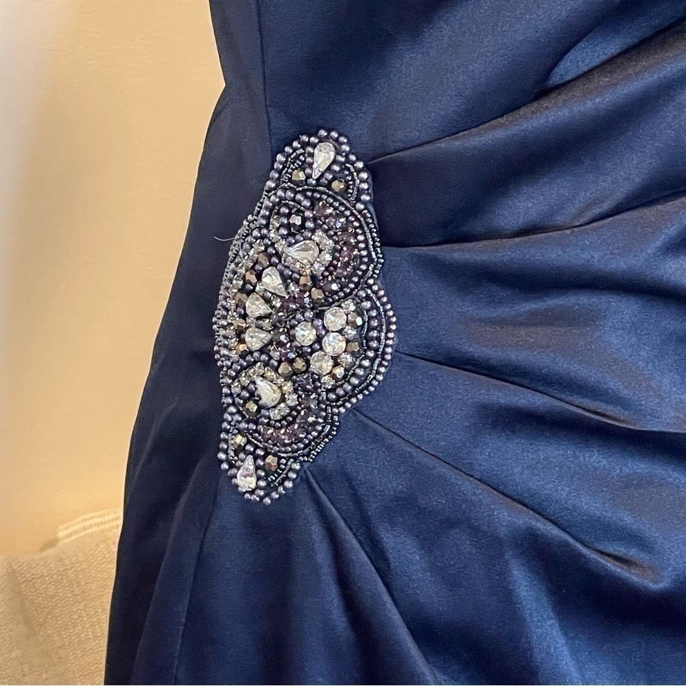 Eliza J Satin One Shoulder Cocktail Formal Dress Navy Blue Sz 6 Embellish Beads - Picture 10 of 10